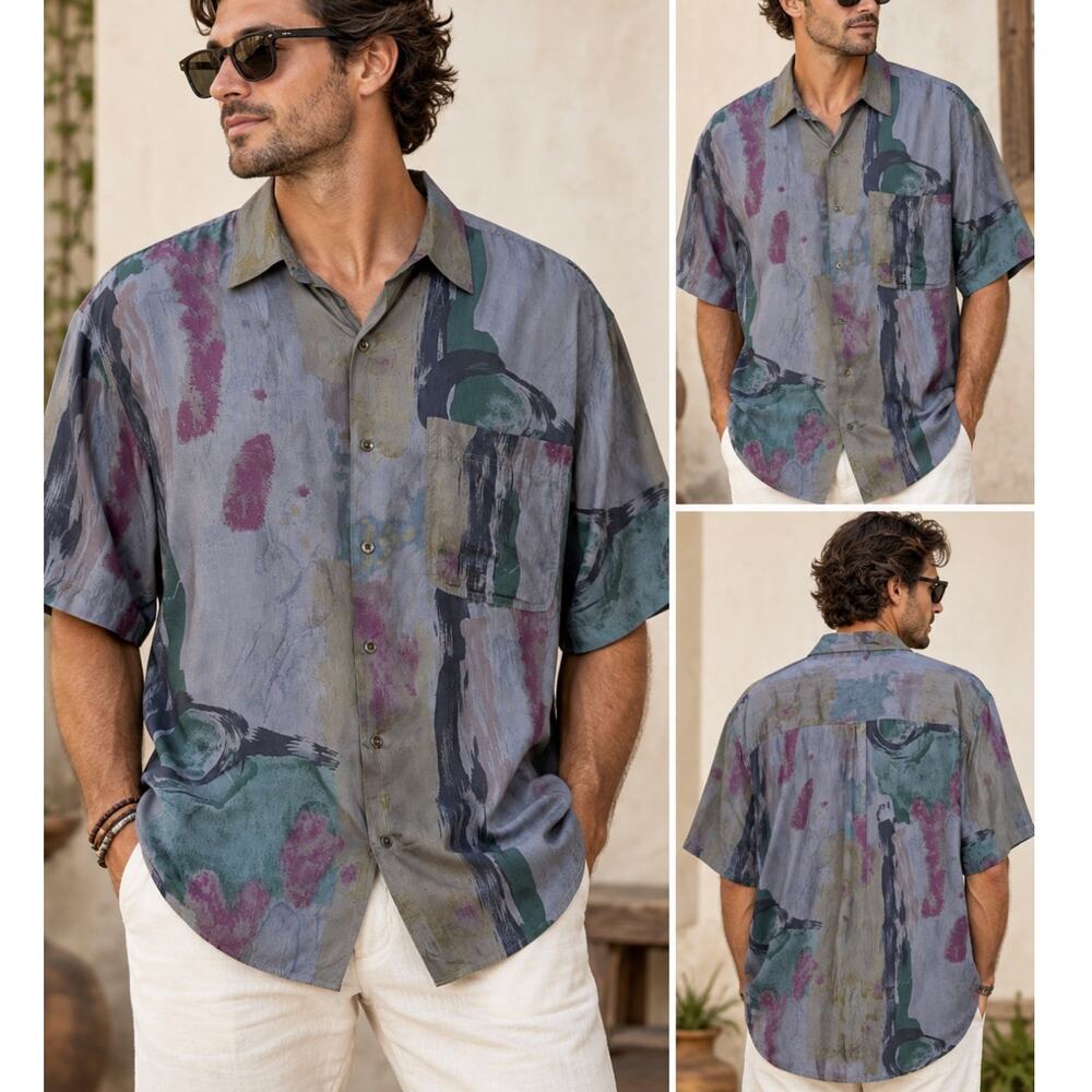 GOOUCH Vintage 90s Silk Shirt M Abstract Art Print Short Sleeve Button Up